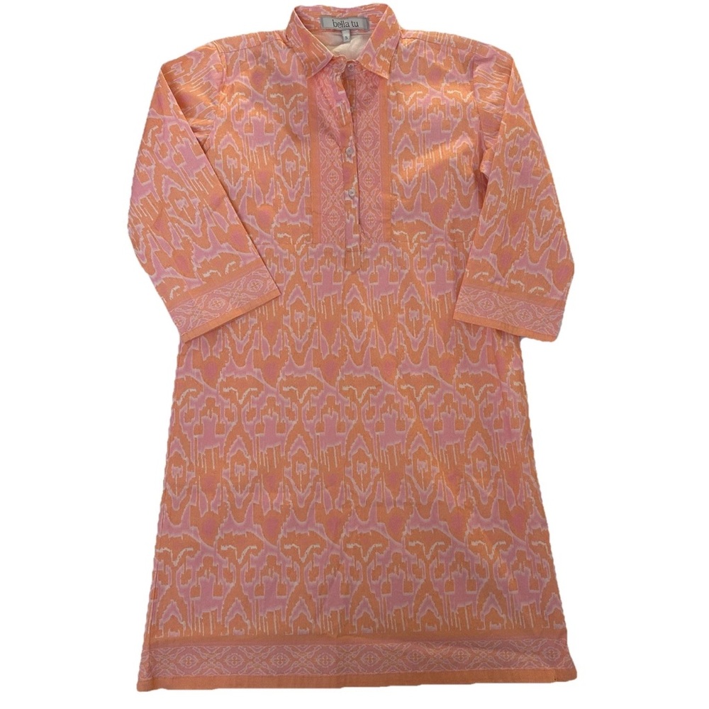 Bella Tu Dress Collar V Neck 3/4 Sleeve Vibrant Orange &‎ Pink Women’s Size S